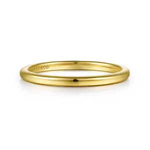Gabriel & Co. WB15960O6Y4JJJ 14 karat yellow gold Classic wedding band, front view of a smooth stoneless hoop with a maker's mark inside near the rim