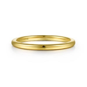 Gabriel & Co. WB15960S6Y4JJJ 14 karat yellow gold Classic wedding band, front view of a smooth domed hoop with a maker's mark on its inner wall