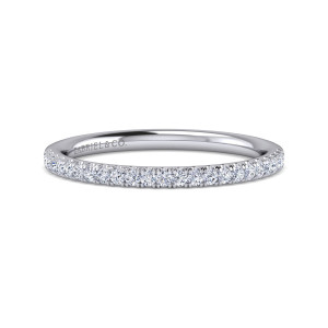 Gabriel & Co. WB16058R6W44JJ 14 karat white gold Classic wedding band, front view of the straight edge lined with tightly spaced round diamonds