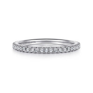 Gabriel & Co. WB16061O8W44JJ 14 karat white gold Classic wedding band, front view of a close row of small round diamonds held by tiny prongs
