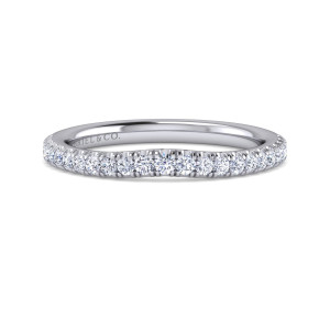 Gabriel & Co. WB16121R4W44JJ 14 karat white gold Contemporary wedding band, front view of a row of round diamonds that dips lower at the middle of the top edge