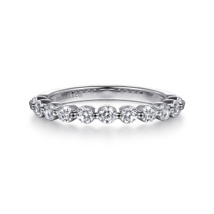 Gabriel & Co. WB16130R4W44JJ 14 karat white gold Contemporary wedding band, front view of round diamonds spaced apart with small metal beads between them