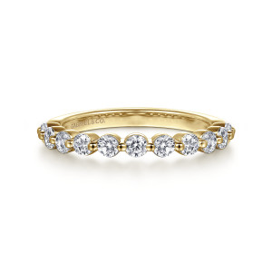 Gabriel & Co. WB16130R4Y44JJ 14 karat yellow gold Contemporary wedding band, front view of round stones separated by small metal beads along the top edge
