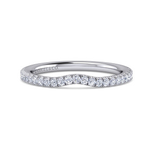Gabriel & Co. WB16131R4W44JJ 14 karat white gold Classic wedding band, front view of a smooth dip in the top edge with round stones of similar size