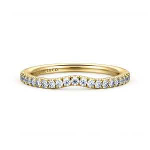 Gabriel & Co. WB16131R4Y44JJ 14 karat yellow gold Classic wedding band, front view of a gentle valley in the top edge with round stones in tiny prongs