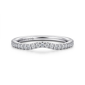 Gabriel & Co. WB16131R6W44JJ 14 karat white gold Classic wedding band, front view of the rounded scoop with the row of diamonds levelling out toward each end