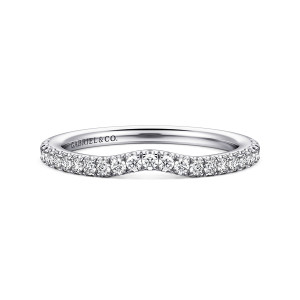 Gabriel & Co. WB16131R8W44JJ 14 karat white gold Classic wedding band, front view of a gentle scoop in the top edge with a tight row of diamonds