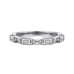Gabriel & Co. WB16148E6W44JJ 14 karat white gold Contemporary wedding band, front view of crosswise baguette diamonds separated by pairs of tiny round diamonds in pointed metal