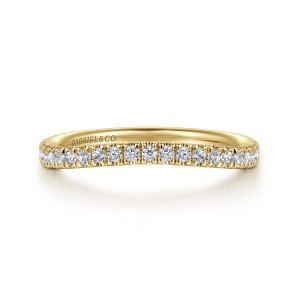 Gabriel & Co. WB16179R6Y44JJ 14 karat yellow gold Contemporary wedding band, front view of small round diamonds along a softly curved top edge