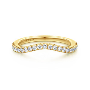 Gabriel & Co. WB16192R12Y44JJ 14 karat yellow gold Classic wedding band, front view of a rounded dip at the center with small stones following the curve