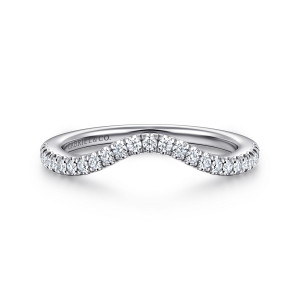 Gabriel & Co. WB16198R10W44JJ 14 karat white gold Classic wedding band, front view of a shallow dip with round stones following it toward both sides