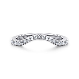 Gabriel & Co. WB16198R12W44JJ 14 karat white gold Classic wedding band, front view of the broad rounded arch with fine round diamonds along its crest
