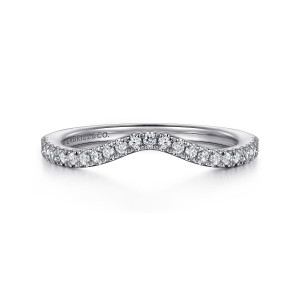 Gabriel & Co. WB16198R6W44JJ 14 karat white gold Classic wedding band, front view of tiny round diamonds forming a shallow V across the top of the hoop