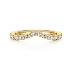 Gabriel & Co. WB16198R6Y44JJ 14 karat yellow gold Classic wedding band, front view of a steeply peaked curve traced by a fine line of tiny round diamonds