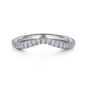 Gabriel & Co. WB16202O6W44JJ 14 karat white gold Contemporary wedding band, front view of a shallow V dip with round diamonds set in a single row