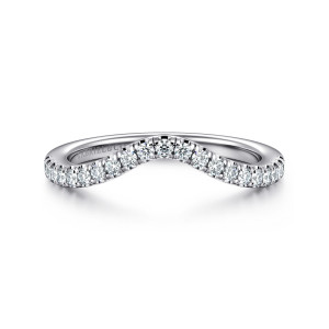Gabriel & Co. WB16202O8W44JJ 14 karat white gold Contemporary wedding band, front view of the band dipping into a shallow V with a single line of small round diamonds