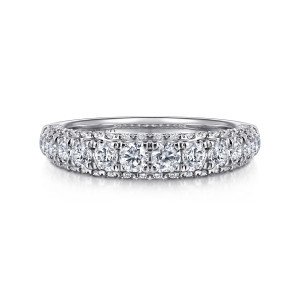 Gabriel & Co. WB16215O12W44JJ 14 karat white gold Contemporary wedding band, front view of the domed crown with larger middle stones flanked by smaller beaded stones