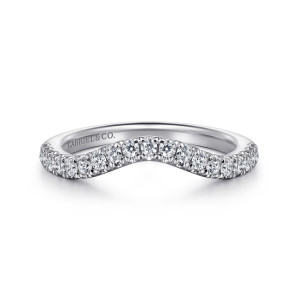 Gabriel & Co. WB16218R12W44JJ 14 karat white gold Classic wedding band, front view of a sweeping valley lined with round stones in small prongs