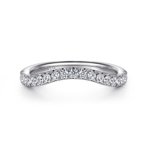 Gabriel & Co. WB16220E12W44JJ 14 karat white gold Classic wedding band, front view of the smooth arch of round diamonds with a maker's mark inside the band