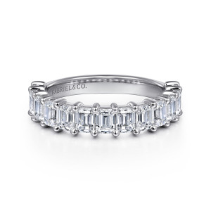 Gabriel & Co. WB16221E12W43JJ 14 karat white gold Contemporary wedding band, front view of rectangular step cut diamonds set crosswise between ball tipped prongs