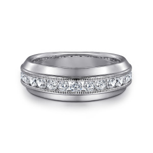 Gabriel & Co. WB16232R6W44JJ 14 karat white gold Victorian wedding band, front view of round stones in a channel framed by milgrain and smooth sloping shoulders