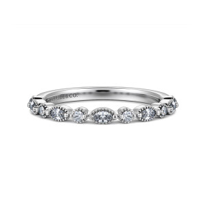 Gabriel & Co. WB16233O6W44JJ 14 karat white gold Contemporary wedding band, front view of round and elongated stones taking turns, each in a beaded rim frame