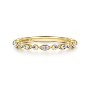 Gabriel & Co. WB16233R8Y44JJ 14 karat yellow gold Contemporary wedding band, front view of long and round diamonds alternating in beaded collars across the top