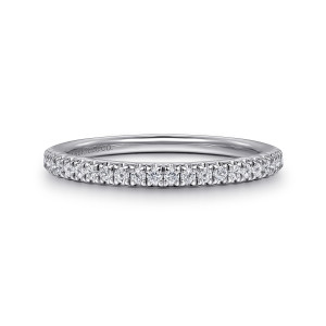 Gabriel & Co. WB16236R6W44JJ 14 karat white gold Classic wedding band, front view of very small diamonds between scalloped prongs along a level edge