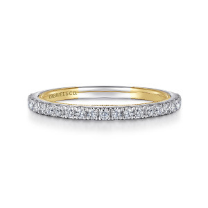 Gabriel & Co. WB16241O6M44JJ 14 karat white and yellow gold Victorian wedding band, front view of stones along the top with a contrasting lining showing inside