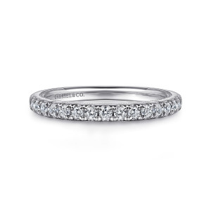 Gabriel & Co. WB16244O6W44JJ 14 karat white gold Contemporary wedding band, front view of a level band with closely spaced round diamonds and a maker's mark inside