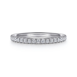 Gabriel & Co. WB16245R6W44JJ 14 karat white gold Contemporary wedding band, front view of small round diamonds set evenly along the front of a plain round hoop