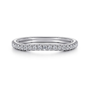 Gabriel & Co. WB16252R6W44JJ 14 karat white gold Classic wedding band, front view of a band with a dipped top edge and a line of small round stones
