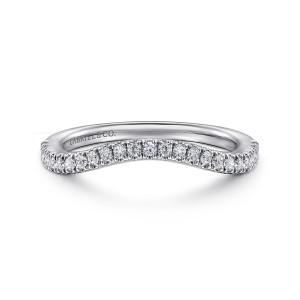 Gabriel & Co. WB16253S6W44JJ 14 karat white gold Classic wedding band, front view of a smooth rounded sag in the top edge lined with fine round diamonds