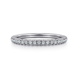 Gabriel & Co. WB16256R6W44JJ 14 karat white gold victorian wedding band, front view of small round diamonds packed evenly between short pointed prongs