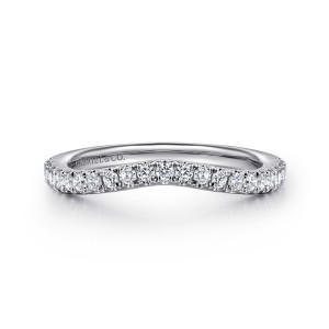 Gabriel & Co. WB16274E12W44JJ 14 karat white gold Contemporary wedding band, front view of small diamonds rising from a gentle central dip toward both sides