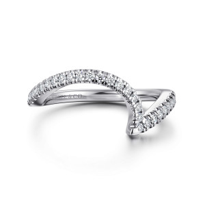 Gabriel & Co. WB16278O8W44JJ 14 karat white gold Contemporary wedding band, front view of a deep curve with a row of round stones and a squared step
