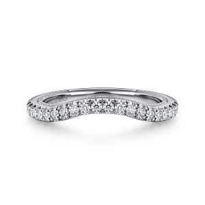 Gabriel & Co. WB16281O6W44JJ 14 karat white gold Contemporary wedding band, front view of round stones following a scooped curve with fine beading beneath them