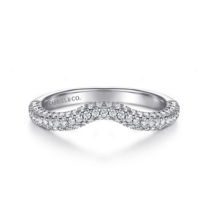 Gabriel & Co. WB16284O12W44JJ 14 karat white gold Classic wedding band, front view of the dipping curve with small round diamonds packed across the domed top