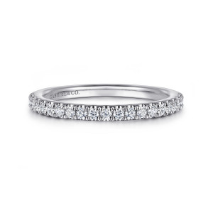 Gabriel & Co. WB16285O8W44JJ 14 karat white gold Classic wedding band, front view of the straight band with a continuous row of small round diamonds