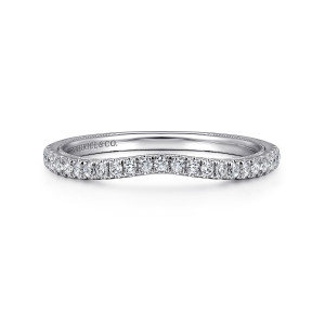 Gabriel & Co. WB16288N6W44JJ 14 karat white gold Classic wedding band, front view of a shallow dip in the diamond row with beaded detail along the inner rim