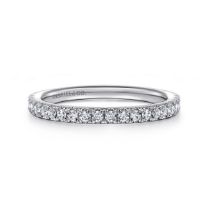 Gabriel & Co. WB16303O8VW44JJ 14 karat white gold Contemporary wedding band, front view of a straight band with a fine row of small stones across the top
