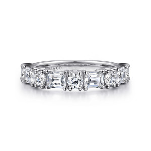 Gabriel & Co. WB16306R12W44JJ 14 karat white gold Contemporary wedding band, front view of a straight row alternating round and rectangular stones in separate prongs