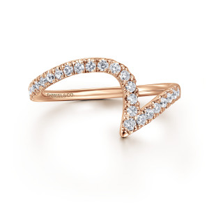 Gabriel & Co. WB16320P6K44JJ 14 karat rose gold Contemporary wedding band, top view of the diamond line arching up, turning at a sharp point and running back down