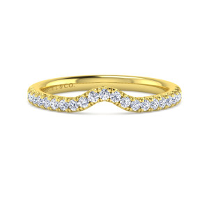 Gabriel & Co. WB16336E8Y44JJ 14 karat yellow gold Contemporary wedding band, front view of the rounded arch with a row of small round diamonds following its curve