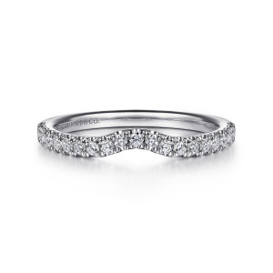 Gabriel & Co. WB16336R8W44JJ 14 karat white gold Contemporary wedding band, front view of the soft scoop along the stone line with a maker's mark on the inside