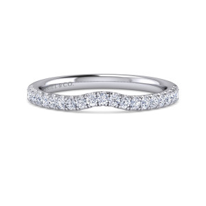 Gabriel & Co. WB16336S8W44JJ 14 karat white gold Contemporary wedding band, front view of a shallow scoop in the middle of a stone line, rising at both ends
