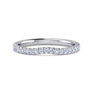 Gabriel & Co. WB16337C8W44JJ 14 karat white gold Contemporary wedding band, front view of a shallow dip along the row of small round diamonds