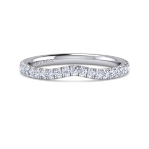 Gabriel & Co. WB16337E4W44JJ 14 karat white gold Contemporary wedding band, front view of the shallow inward scoop in the top edge, lined with a row of round stones