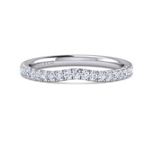 Gabriel & Co. WB16337O4W44JJ 14 karat white gold Contemporary wedding band, front view of the shallow scoop in the top edge with diamonds following the dip
