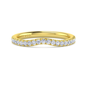 Gabriel & Co. WB16337P8Y44JJ 14 karat yellow gold Contemporary wedding band, front view of the shallow central dip with a row of round diamonds in small prongs